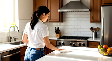 Young woman cleaning kitchen countertop with microfiber cloth and detergentの素材