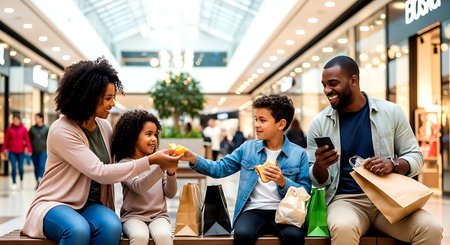 happy african american family with shopping bags and smartphone in mallの素材