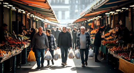 Senior people shopping at the market in Paris, France. They are walking through the street.の素材