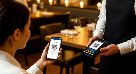 Customer paying with NFC technology in restaurant. NFC technology in restaurant.の素材