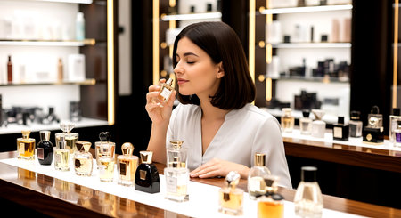 beautiful young woman applying perfume in parfume shop on blurred backgroundの素材