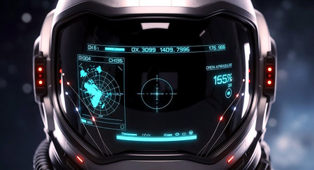 Cyborg head with futuristic HUD interface. 3d rendering toned imageの素材