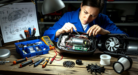 Young female mechanic repairing a car engine in the workshop. Repair service.の素材