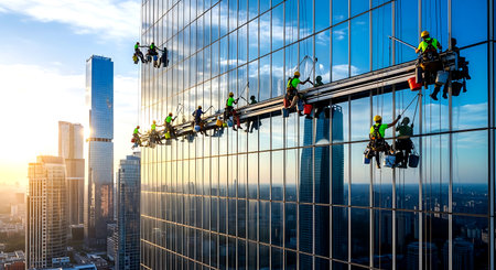 Group of workers on the skyscrapers. Teamwork concept.の素材