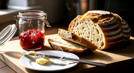 Homemade sourdough bread with jam and butter on a wooden tableの素材