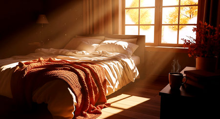 Interior of a bedroom in the morning with sunlight coming through the windowの素材
