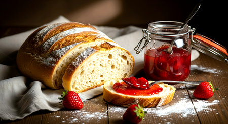 Bread with strawberry jam and fresh strawberries on a wooden table.の素材