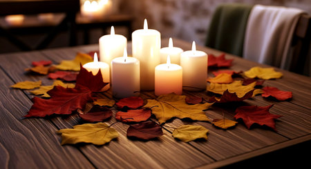 Candles and autumn leaves on wooden table. Selective focus.の素材