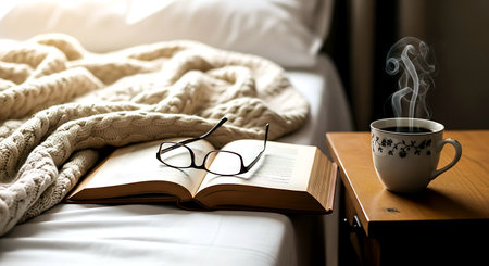 Cup of coffee, book and eyeglasses on a bedの素材