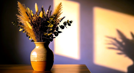 Vase with dried flowers on the table in the morning light.の素材