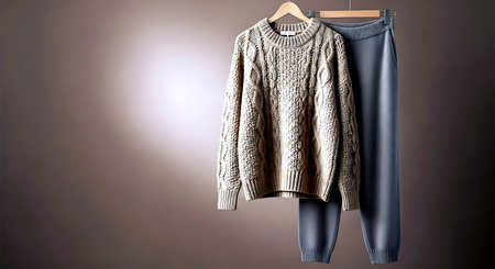 Women's sweater on a hanger on a gray background. Copy spaceの素材