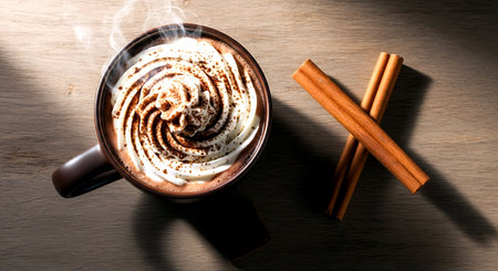 Hot chocolate with whipped cream and cinnamon sticks on wooden table, top viewの素材
