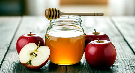 Honey in a glass jar and red apples on a wooden tableの素材