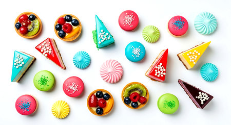 Colorful cakes on white background. Top view. Flat lay.の素材