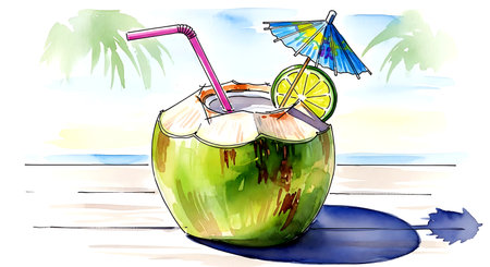 Coconut cocktail on a beach. Hand drawn vector illustration.の素材