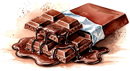 Illustration of a chocolate bar with melted chocolate on a white backgroundの素材