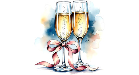 Illustration of two glasses of champagne with ribbon and bow on watercolor backgroundの素材