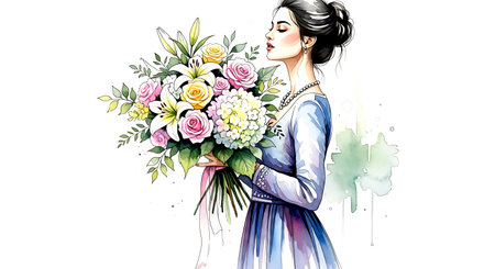Beautiful girl with a bouquet of flowers. Vector illustration.の素材