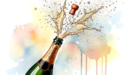 Champagne splash with bottle of champagne on watercolor background, vector illustrationの素材