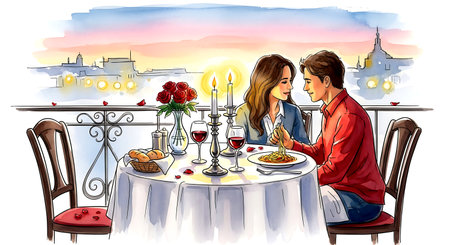 Romantic dinner on the terrace of a restaurant. Vector illustrationの素材