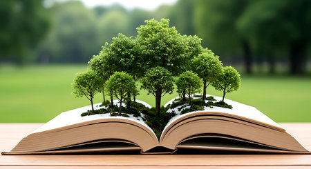 Open book with green tree on wooden table and blurred nature background.の素材