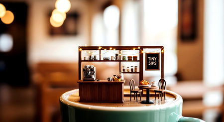 Coffee shop interior with tables and chairs, shallow depth of fieldの素材