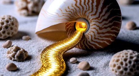Sea shell and coral on the sand. Nautilus shell.の素材