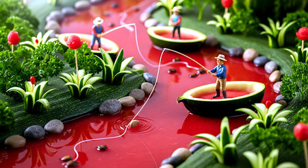 Miniature people : Farmer with vegetable on red background. Vegetable farming concept.の素材