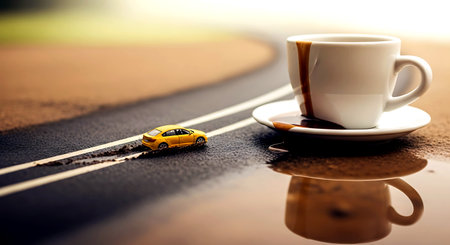 Coffee cup and toy car on the road. Business conceptの素材