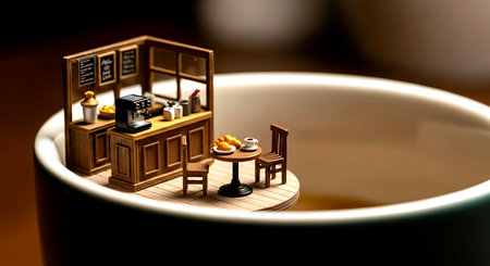 Coffee shop with coffee cup and table. 3d renderingの素材
