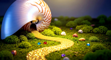 nautilus shell on green moss background. 3d illustration.の素材