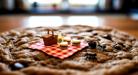 Coffee cup and cookies on the checkered tableclothの素材