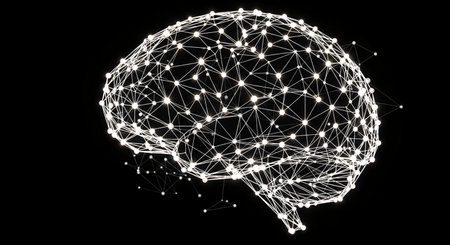 Abstract image of human brain with glowing dots and lines on black backgroundの素材