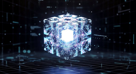 Futuristic digital cube hologram on dark background 3D renderingの素材