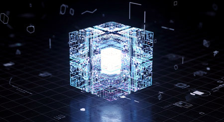 3D rendering of a hologram cube with a circuit on a dark backgroundの素材