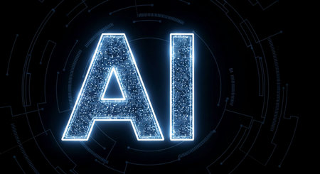 Glowing neon AI icon on dark background. Artificial intelligence concept. 3D Renderingの素材