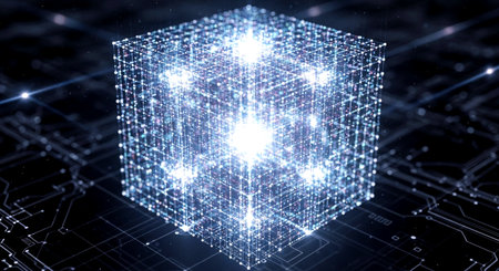 Futuristic 3D rendering of a technological digital cube consisting of points and linesの素材