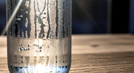 Glass bottle of water with condensation on the table. Close upの素材