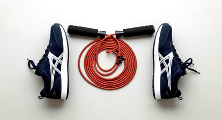 Aerial view of running shoes and jumping rope on white background.の素材