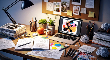 Creative designer workspace with laptop and office supplies. 3D Renderingの素材