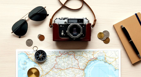Top view of traveler's accessories on wooden background. Travel concept.の素材