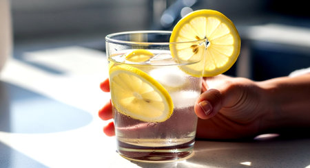 Female hand holding a glass of lemonade with ice cubes and lemon sliceの素材