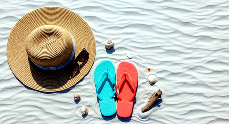 Beach hat, flip flops and seashells on white sandの素材