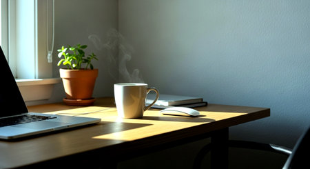 Laptop and coffee cup on wooden table at home office room.の素材
