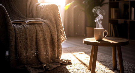 A cup of coffee and a book on a wooden table in the interiorの素材
