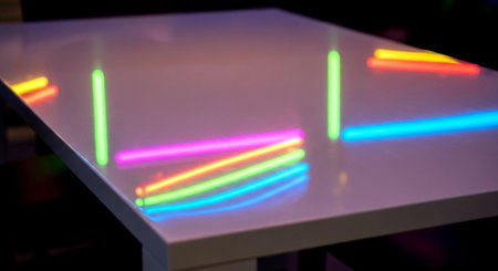 Colorful neon lights on a table in a cafe or restaurant.の素材