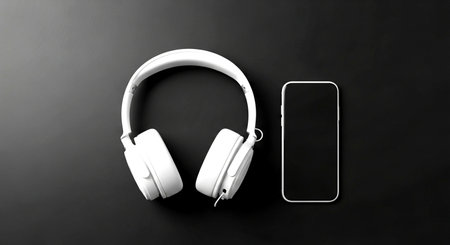 White headphones and smartphone on black background. Top view with copy spaceの素材
