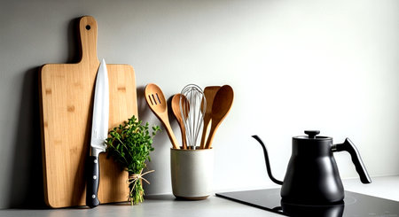 Kitchen utensils on the countertop with a white wallの素材