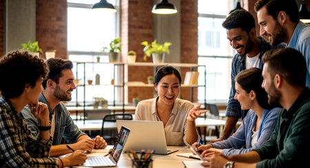 business, startup, people and teamwork concept - group of smiling creative designers meeting in officeの素材