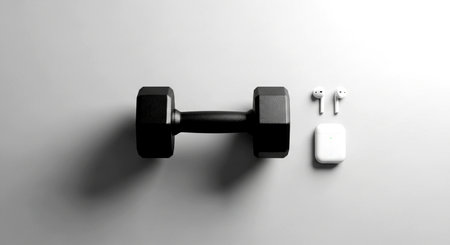 Black dumbbells and white wireless headphones on a white background.の素材